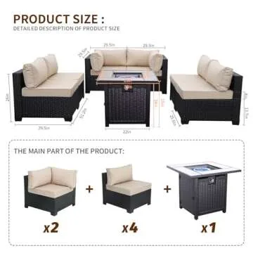 Valita 7 Piece Outdoor PE Wicker Furniture Set, Patio Black Rattan Sectional Sofa Couch with Washable Khaki Cushions,Adjustable Gas Fire Pit