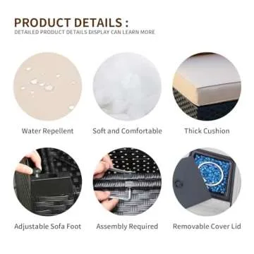 Valita 7 Piece Outdoor PE Wicker Furniture Set, Patio Black Rattan Sectional Sofa Couch with Washable Khaki Cushions,Adjustable Gas Fire Pit