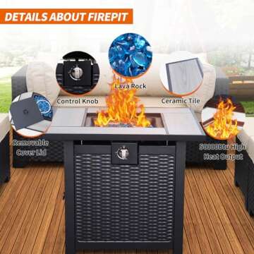 Valita 7 Piece Outdoor PE Wicker Furniture Set, Patio Black Rattan Sectional Sofa Couch with Washable Khaki Cushions,Adjustable Gas Fire Pit