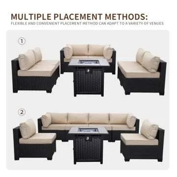 Valita 7 Piece Outdoor PE Wicker Furniture Set, Patio Black Rattan Sectional Sofa Couch with Washable Khaki Cushions,Adjustable Gas Fire Pit