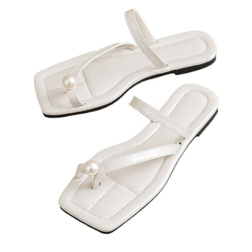 HEELOJI Women's Fashion Leather Pearl Decoration Toe Ring Slippers Square Open Toe Slip-On Flat Clip...