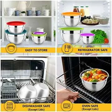 P&P CHEF Mixing Bowls with Lids Set of 7, Stainless Steel Nesting Salad Bowls, Serving Bowl with 17 PCS Kitchen Tools for Prepping, Baking or Storing, 7 Sizes- 0.7, 1, 1.5, 2, 2.6, 4.6, 7Qt, Colorful