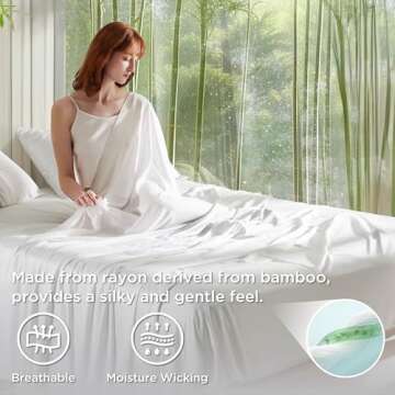 Bedsure Queen Sheet Set, Cooling Sheets for Queen Size Bed Set, Rayon Derived from Bamboo, Breathable & Soft Deep Pocket Up to 16 Inches, Hotel Luxury Silky Bedding, Bedsheet & Pillowcases, White