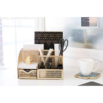 Gold Desk Organizer with Drawer - Gold Desk Accessories Small Desk Organizer Gold Pencil Holder for ...