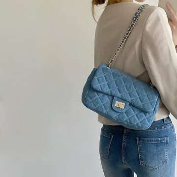 Y2k Purse Women's Small Shoulder Bag, Quilted Crossbody, Denim Wallet, Tote Bag with Chain Shoulder Strap (Blue)
