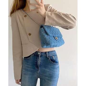 Y2k Purse Women's Small Shoulder Bag, Quilted Crossbody, Denim Wallet, Tote Bag with Chain Shoulder Strap (Blue)