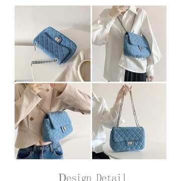 Y2k Purse Women's Small Shoulder Bag, Quilted Crossbody, Denim Wallet, Tote Bag with Chain Shoulder Strap (Blue)