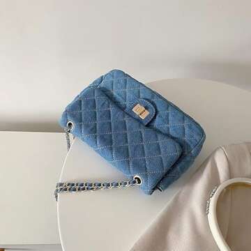 Y2k Purse Women's Small Shoulder Bag, Quilted Crossbody, Denim Wallet, Tote Bag with Chain Shoulder Strap (Blue)