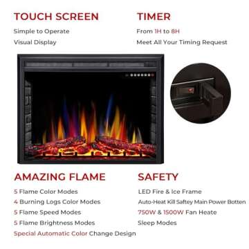 R.W.FLAME A-36" Electric Fireplace Insert ,Recessed Electric Stove Heater,Touch Screen,Remote Contro...