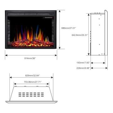 R.W.FLAME A-36" Electric Fireplace Insert ,Recessed Electric Stove Heater,Touch Screen,Remote Control,750W-1500W with Timer & Colorful Flame Option(36" X 27")