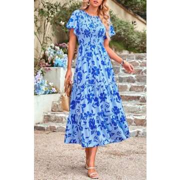 PRETTYGARDEN Floral Spring Wedding Guest Dresses for Women 2025 Smocked Top Tired Maxi Dress Boho Summer Beach Dresses (Blue Flower, Small)