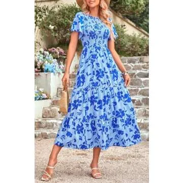 PRETTYGARDEN Floral Spring Wedding Guest Dresses for Women 2025 Smocked Top Tired Maxi Dress Boho Summer Beach Dresses (Blue Flower, Small)