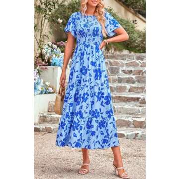 PRETTYGARDEN Floral Spring Wedding Guest Dresses for Women 2025 Smocked Top Tired Maxi Dress Boho Summer Beach Dresses (Blue Flower, Small)