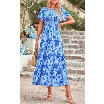 PRETTYGARDEN Floral Spring Wedding Guest Dresses for Women 2025 Smocked Top Tired Maxi Dress Boho Summer Beach Dresses (Blue Flower, Small)