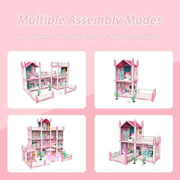 Doll House, Dream Doll House for Girls, 4 Story 11 Rooms Dollhouse with 4 Dolls, Dollhouse Furniture Accessories with Light, Toddler Playhouse Gift for 3 4 5 6 7 8 9 10 Year Old Girls Toys, Pink