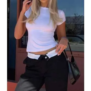 Dressmine Womens Tight T Shirt Crewneck Short Sleeve Shirt Casual Workout Crop Top Yoga White S