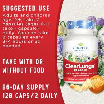Ridgecrest Herbals ClearLungs Classic, Natural Lung and Nasal Daily Health Supplement for Bronchial, Respiratory, Immune, Sinus, and Mucus Wellness Support, Herbal Formula (120 Caps, 60 Serv)