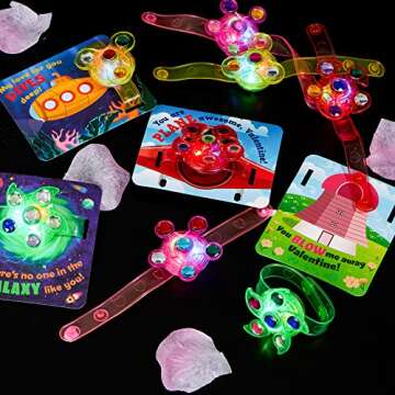 JOYIN 12 Packs Valentine's Day Cards with Light Up Bracelet, Glow in The Dark Party Favors Spinner Glow Bracelets Fidget Toys with Cards for Kids Valentine Party Favors Classroom Exchange Prizes