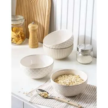 MIKIGEY Ceramic Soup Bowls 30 OZ, Cereal Bowls Set of 4 for Kitchen, Stoneware Bowls with Embossment, Farmhouse Vintage Bowls for Cereal, Soup, Rice, Salad, Fruits, Arctic White