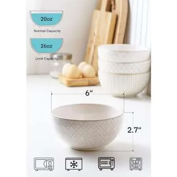 MIKIGEY Ceramic Soup Bowls 30 OZ, Cereal Bowls Set of 4 for Kitchen, Stoneware Bowls with Embossment, Farmhouse Vintage Bowls for Cereal, Soup, Rice, Salad, Fruits, Arctic White