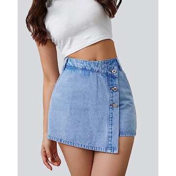 Flvsun Denim Shorts Women Casual High Waisted Solid Button Up Asymmetrical Denim Jean Skort Skirt Mini Shorts Light Blue M