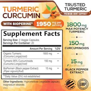 Curcumin Turmeric Supplement 1950mg - 95% Curcuminoids with Organic Turmeric & BioPerine Black Peppe...