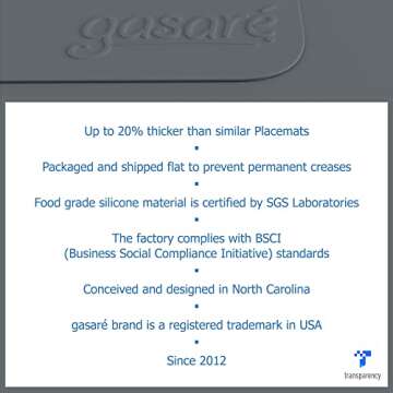 GASARÉ, Placemats Set of 4, Silicone Placemats, Table Mats, Non-Slip, Easy to Clean, Heat Resistant, Flexible, 20% Thicker, 16 x 12 inches x 1.1mm, Gray