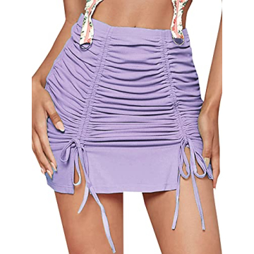 LYANER Women's Casual Drawstring Ruched Split Hem Ribbed Mini Short Skirt
