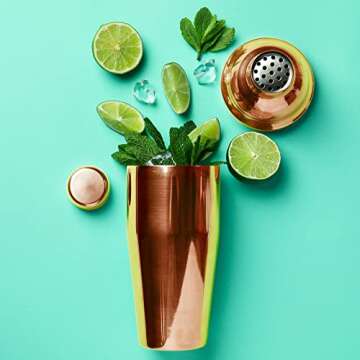 Homestia 9 Pcs Copper Cocktail Shaker Set Bartender Kit Stainless Steel 24oz Martini Shaker, Muddler, Spoon, Double Jigger, Fine Strainer, 2 Liquor Pour Spout, 2 Picks Rose Gold Barware Gift Set