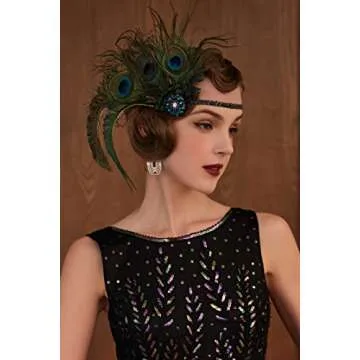 BABEYOND 1920s Flapper Peacock Feather Headband Roaring 20s Beaded Showgirl Headpiece 1920s Great Gatsby Costume Hair Accessories (Blue & Green)