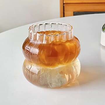 KWQBHW 2 Pcs Ribbed Glass Cups 13.9oz Ripple Drinking Glasses Set Vintage Wave Shape Iced Coffee Gla...