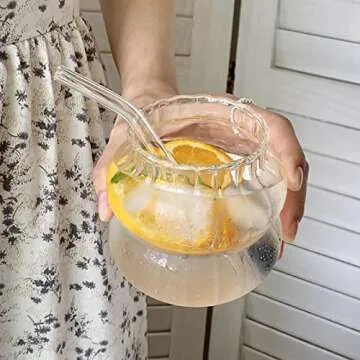 KWQBHW 2 Pcs Ribbed Glass Cups 13.9oz Ripple Drinking Glasses Set Vintage Wave Shape Iced Coffee Glasses Beverage Glasses for Cocktail Beverage Juice Milk