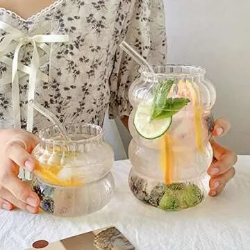 KWQBHW 2 Pcs Ribbed Glass Cups 13.9oz Ripple Drinking Glasses Set Vintage Wave Shape Iced Coffee Glasses Beverage Glasses for Cocktail Beverage Juice Milk