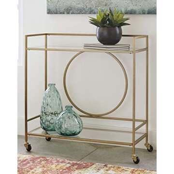 Elegant Gold Metal Bar Cart with Glass Shelves for Entertaining and Decor