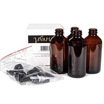 Vivaplex, 4, Large, 8 oz, Empty, Amber Glass Bottles with Black Lotion Pumps