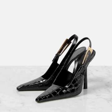 THESHY Women's Slingback Stiletto High Heels Square Toe Metal Buckle Pumps Backless Patent Leather Fashion Dress Shoes for Women Black Croc