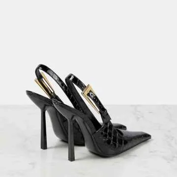 THESHY Women's Slingback Stiletto High Heels Square Toe Metal Buckle Pumps Backless Patent Leather Fashion Dress Shoes for Women Black Croc