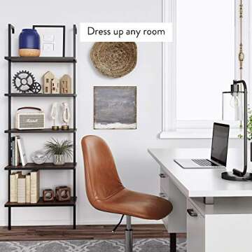 Nathan James Theo 5-Shelf Wood Modern Bookcase, Open Wall Mount Ladder Bookshelf with Industrial Metal Frame, Brown Walnut/Black