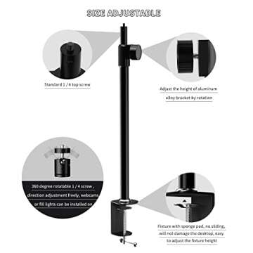 Camera Desk Mount Stand, 14-26 Inch Adjustable Tabletop Light Stand, Desk Mounting Stand with Standard 1/4" Screw Tip for DSLR Camera, Ring Light, Video Light, Panel Light