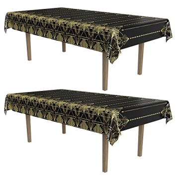Beistle Great 20’s Print Tablecover, 108" L x 54" W, 2 Piece – Plastic Table Cloth, Black & Gold...