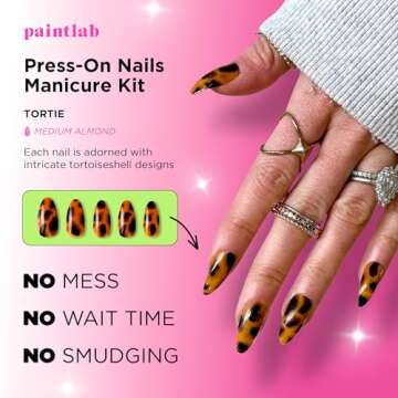 PaintLab Press-On Nails Manicure Kit, Tortie - Almond, 24-Piece Set, Long-Lasting Fake Nails with Glue, File, Prep Pad & Cuticle Stick