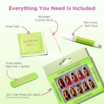 PaintLab Press-On Nails Manicure Kit, Tortie - Almond, 24-Piece Set, Long-Lasting Fake Nails with Glue, File, Prep Pad & Cuticle Stick