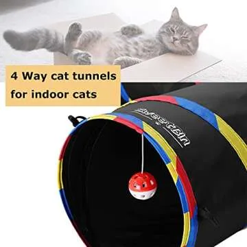 SweetBin 4 Way Large Cat Tunnels for Indoor Cats - 10" Diameter & 47" Long Cat Play Tunnel Toy - Cat Tube with Play Ball & Mouse Toy - Interactive Peephole (Black)