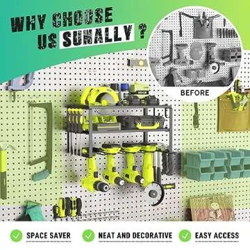 SUNALLY Power Tool Organizer, Heavy Duty Iron, 3 Layers Storage Rack with 4 Drill Holders, Floating Tool Shelf Wall Mounted, Matte Black, Work Shop, Garage, 150Lbs Load Capacity