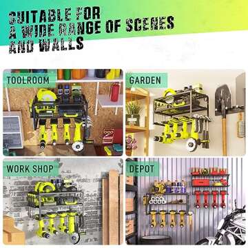 SUNALLY Power Tool Organizer, Heavy Duty Iron, 3 Layers Storage Rack with 4 Drill Holders, Floating Tool Shelf Wall Mounted, Matte Black, Work Shop, Garage, 150Lbs Load Capacity