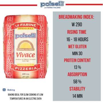 Polselli, Vivace, Tipo 00 double Zero Flour, for Pizza, Bread, Pastas, and more, All Natural, Unbleached, Unbromated, No Additives, Formulated for a 24-72 hour rise, (25 kg) 55 lbs by Polselli