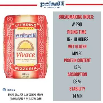 Polselli, Vivace, Tipo 00 double Zero Flour, for Pizza, Bread, Pastas, and more, All Natural, Unbleached, Unbromated, No Additives, Formulated for a 24-72 hour rise, (25 kg) 55 lbs by Polselli