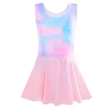 Dance Leotard for Girls 7-8 Years Old Sparkle Purple Tie Dye Sleeveless Ballet Dress Ballerina Outfi...
