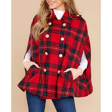Christmas Clothes For Women Plaid Winter Jackets Double Breasted Cape Coats Casual Poncho
