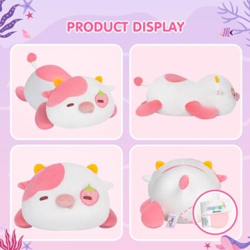 Mewaii Cute Cow Plush Pillow, Kawaii Plushies Strawberry Cow Stuffed Toys, Squishy Plushies, Cuddle Plush Pillow for Boys & Girls